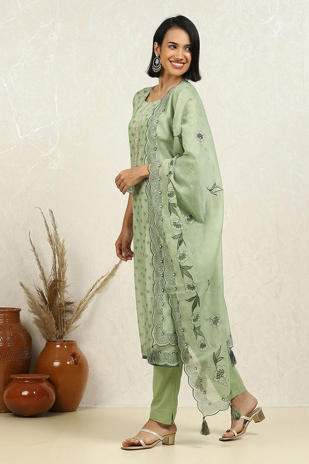 Light Green Chanderi Floral Printed Unstitched Suit Set image number 4