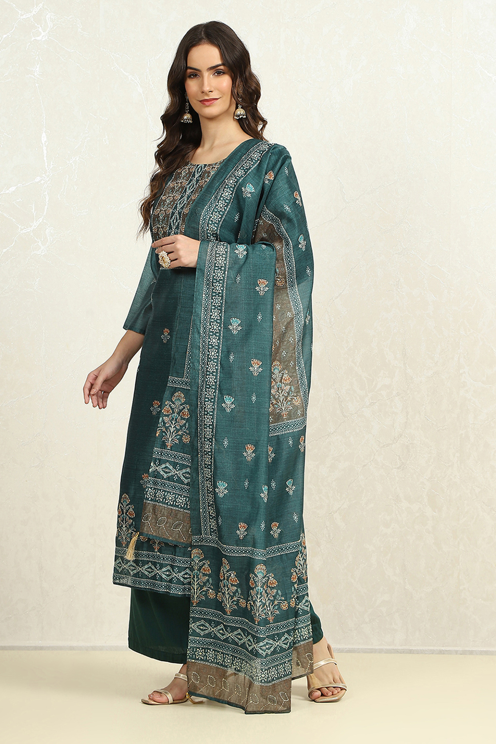 Teal Chanderi Katha Work Unstitched Suit Set image number 4