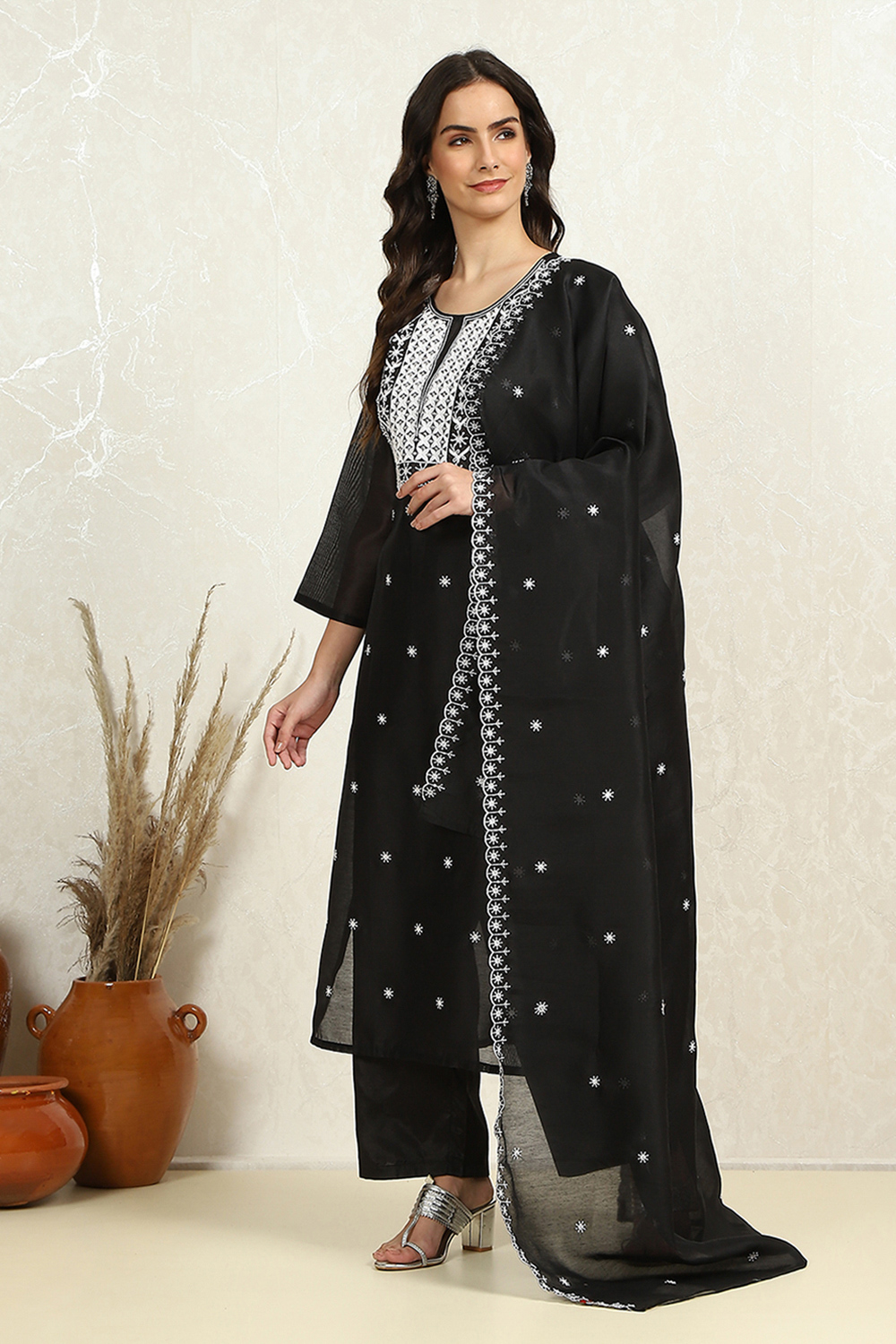 Black Chanderi Machine Embroidered Unstitched Suit Set image number 1