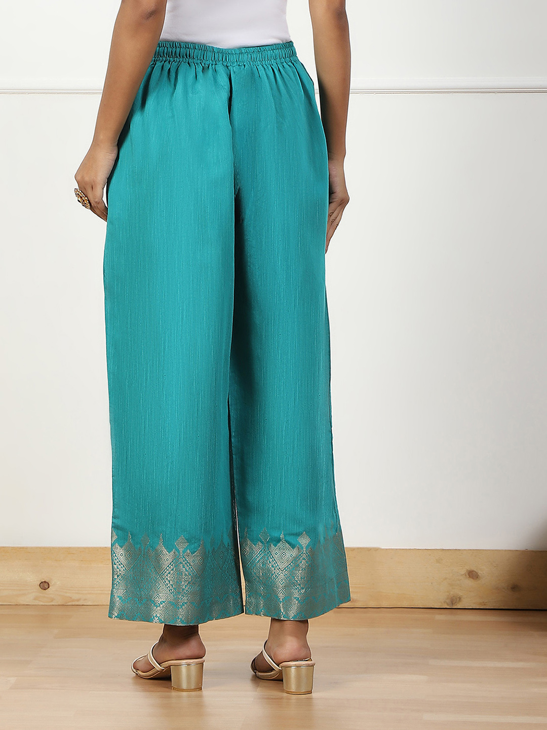 Blue Jacquard Palazzo Pants image number 5