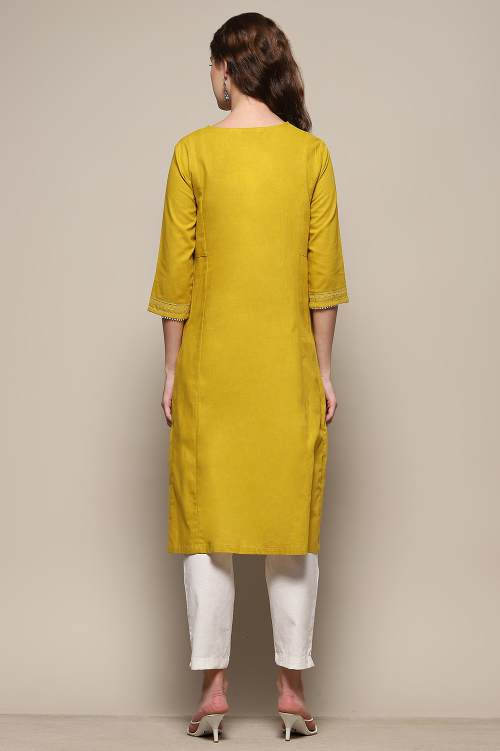 Lime Yellow Cotton Straight Kurta image number 3