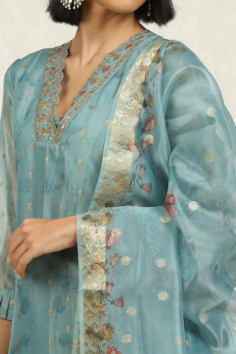 Blue Silk Blend Hand Embroidered Unstitched Suit Set image number 2