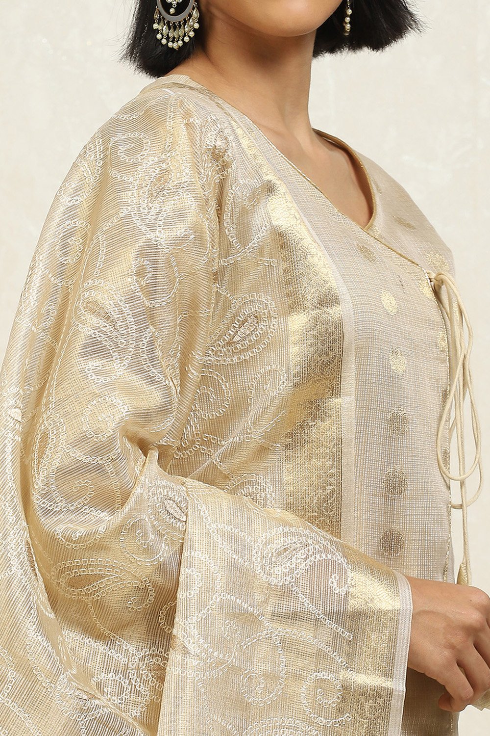 Beige Tissue Woven Design Unstitched Suit Set image number 2