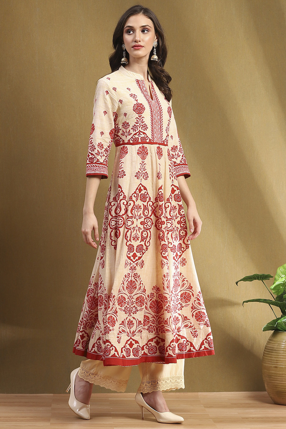 Ecru and Rust Cotton Printed Anarkali Kurta Set image number 5