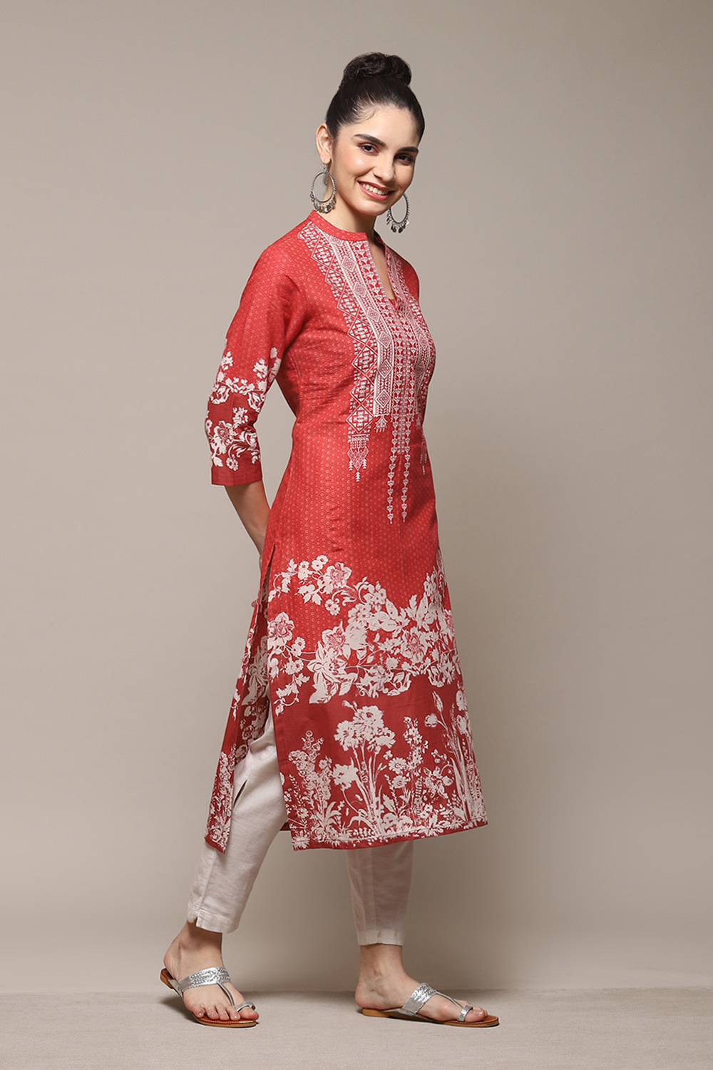 Red Cotton A-Line Printed Kurta image number 3