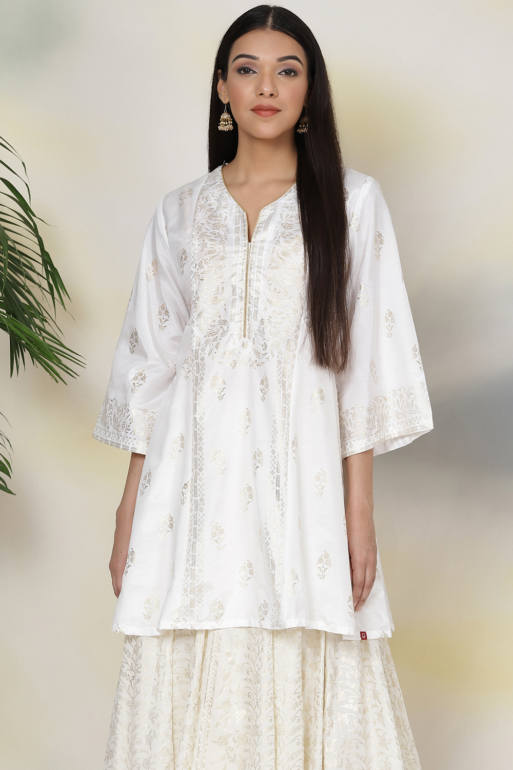 Off White Art Silk Printed Short Kurti image number 0