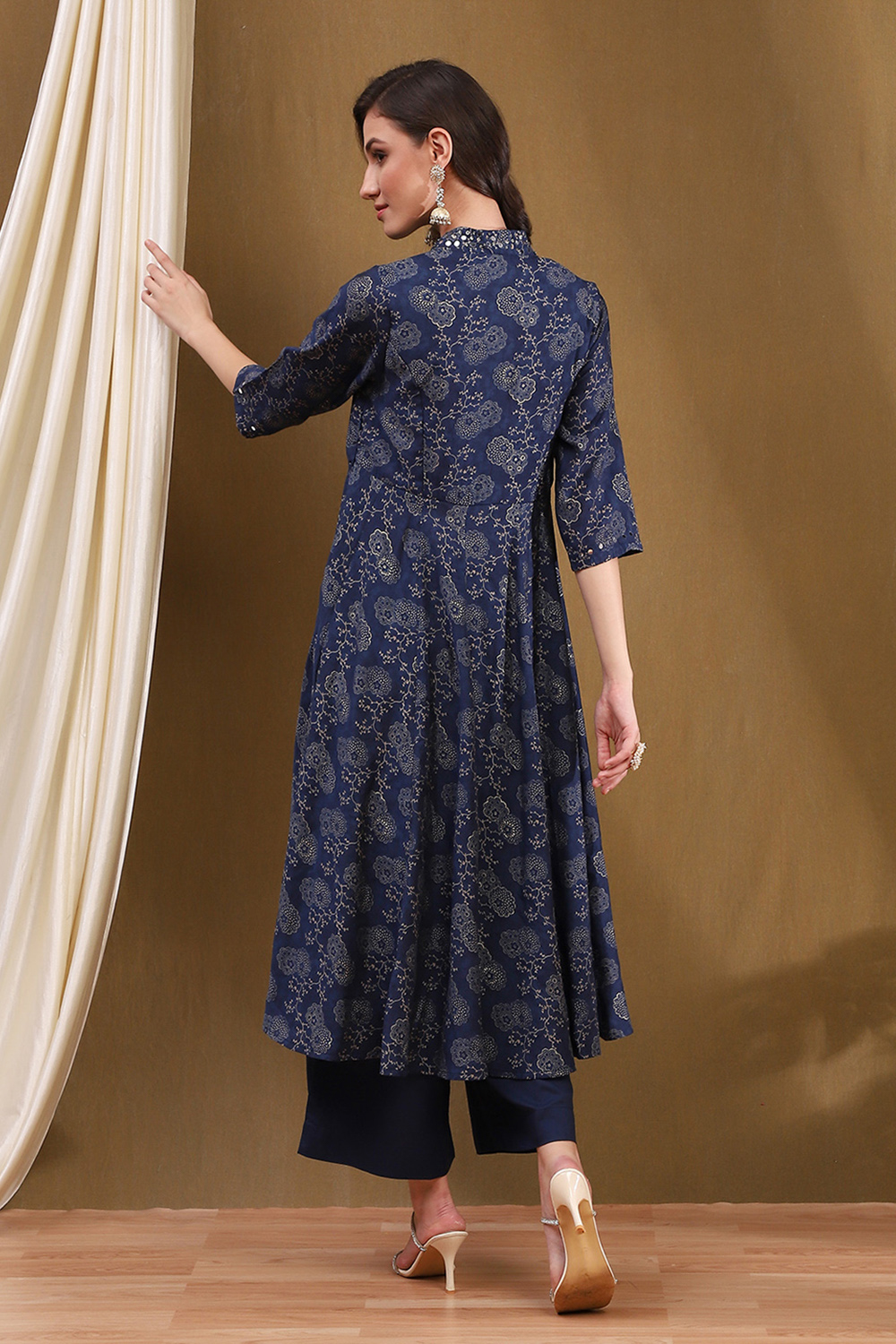 Navy Blue Printed Angrakha Style Anarkali Suit Set image number 4