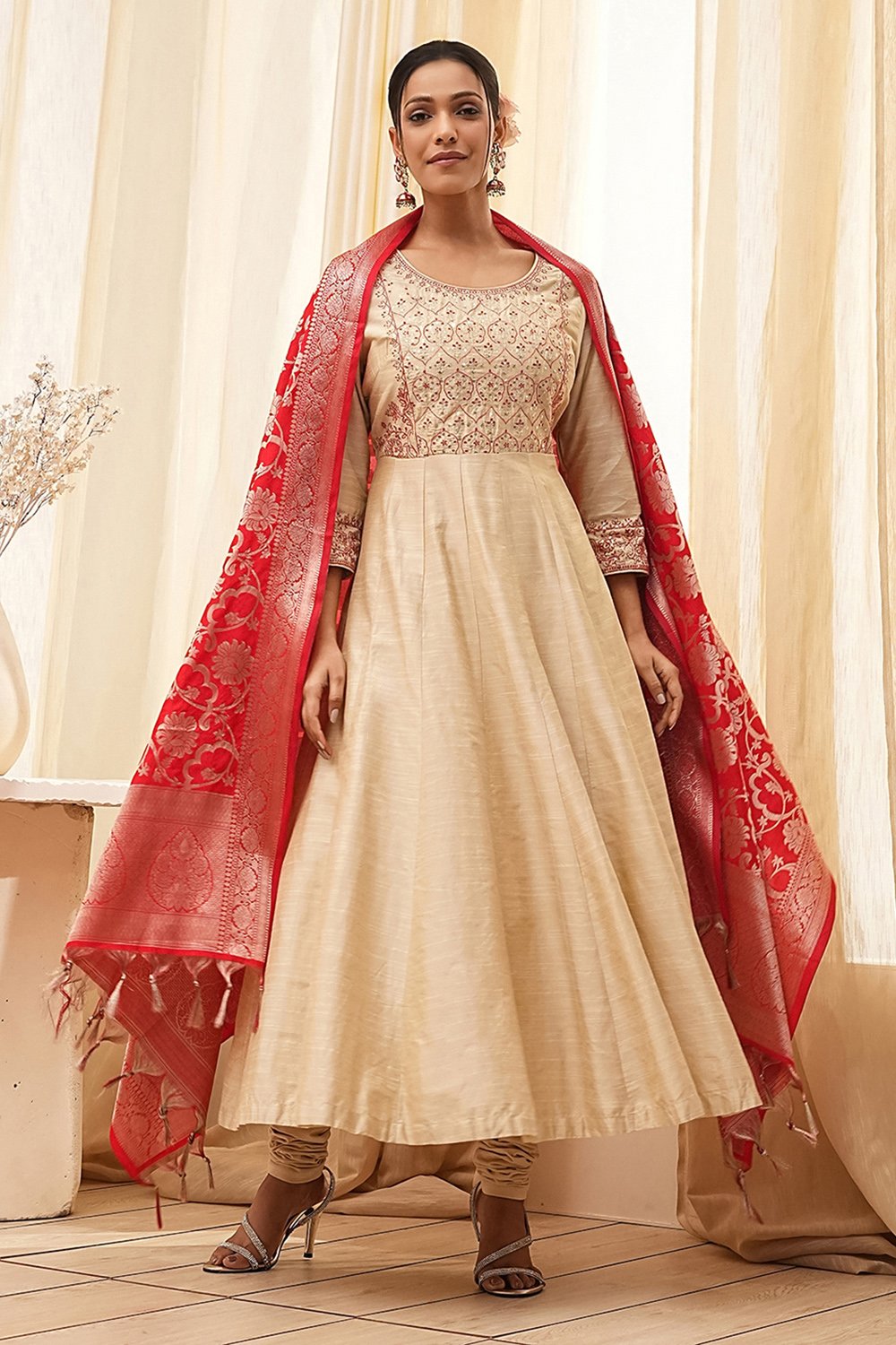 Beige Embroidered Anarkali Suit Set image number 6