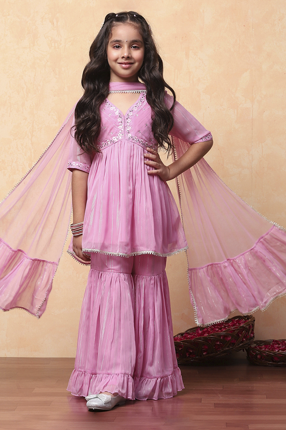 Pink Chiffon Printed Gathered Festive Flared Suit Set image number 0