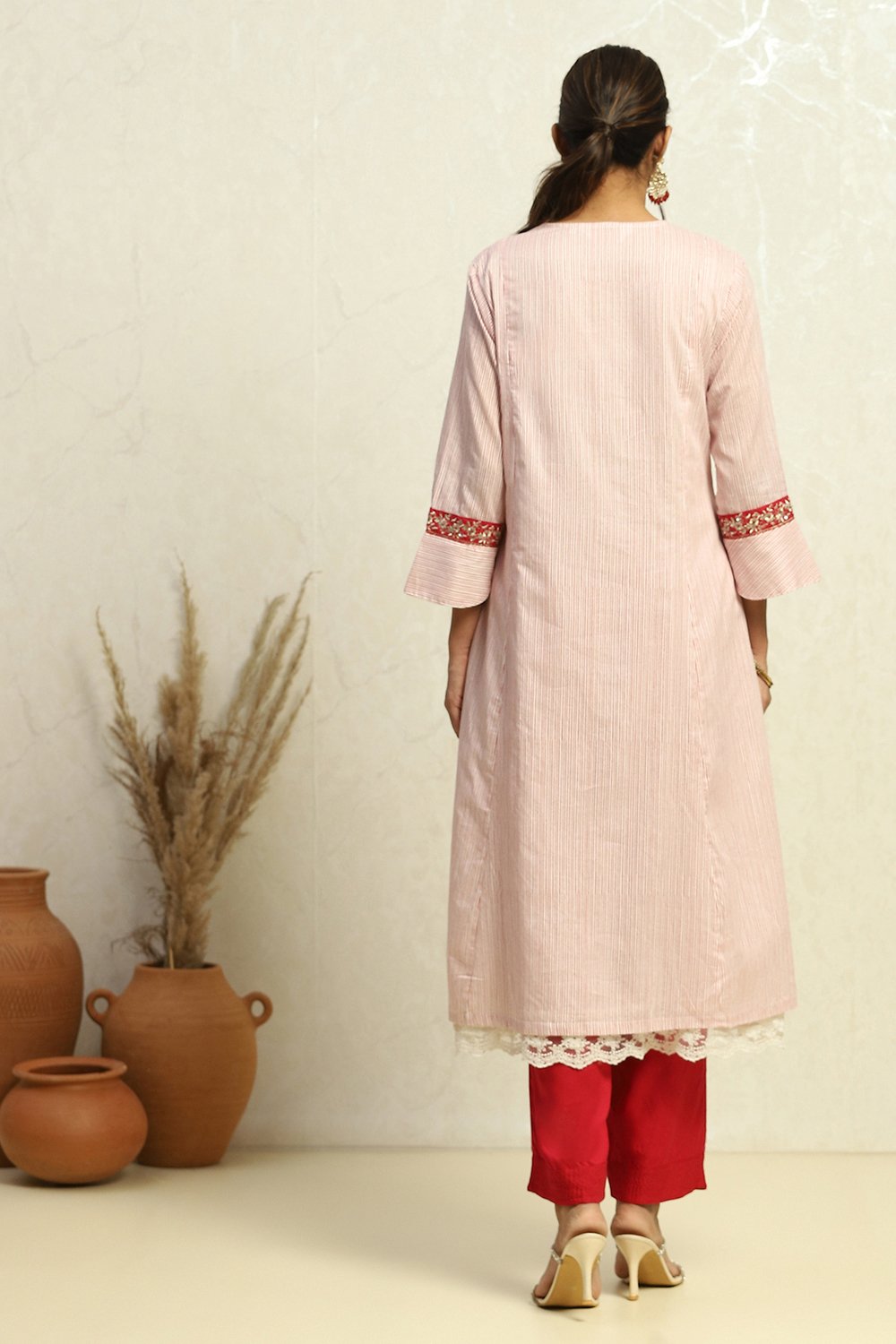 White and Rust Cotton Festive Kalidar Suit Set image number 4