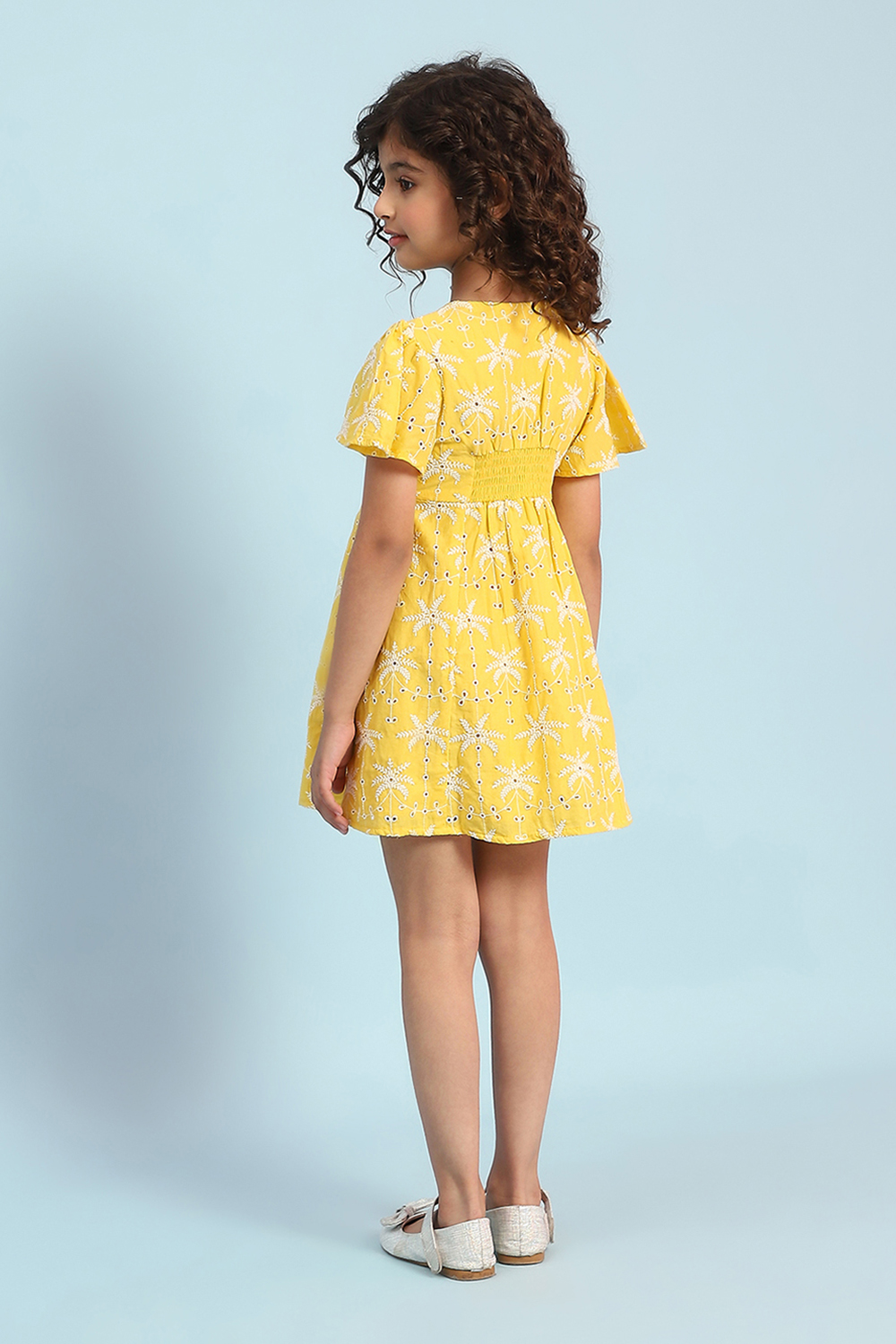 Yellow Pure Cotton Schiffli A-Line Dress image number 3