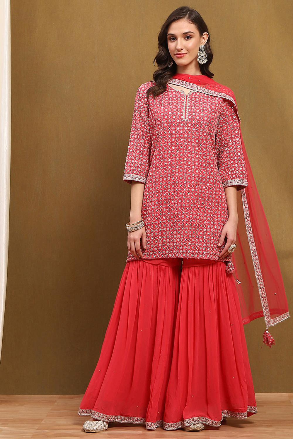 Coral Red Viscose Georgette Festive Straight Suit Set image number 6