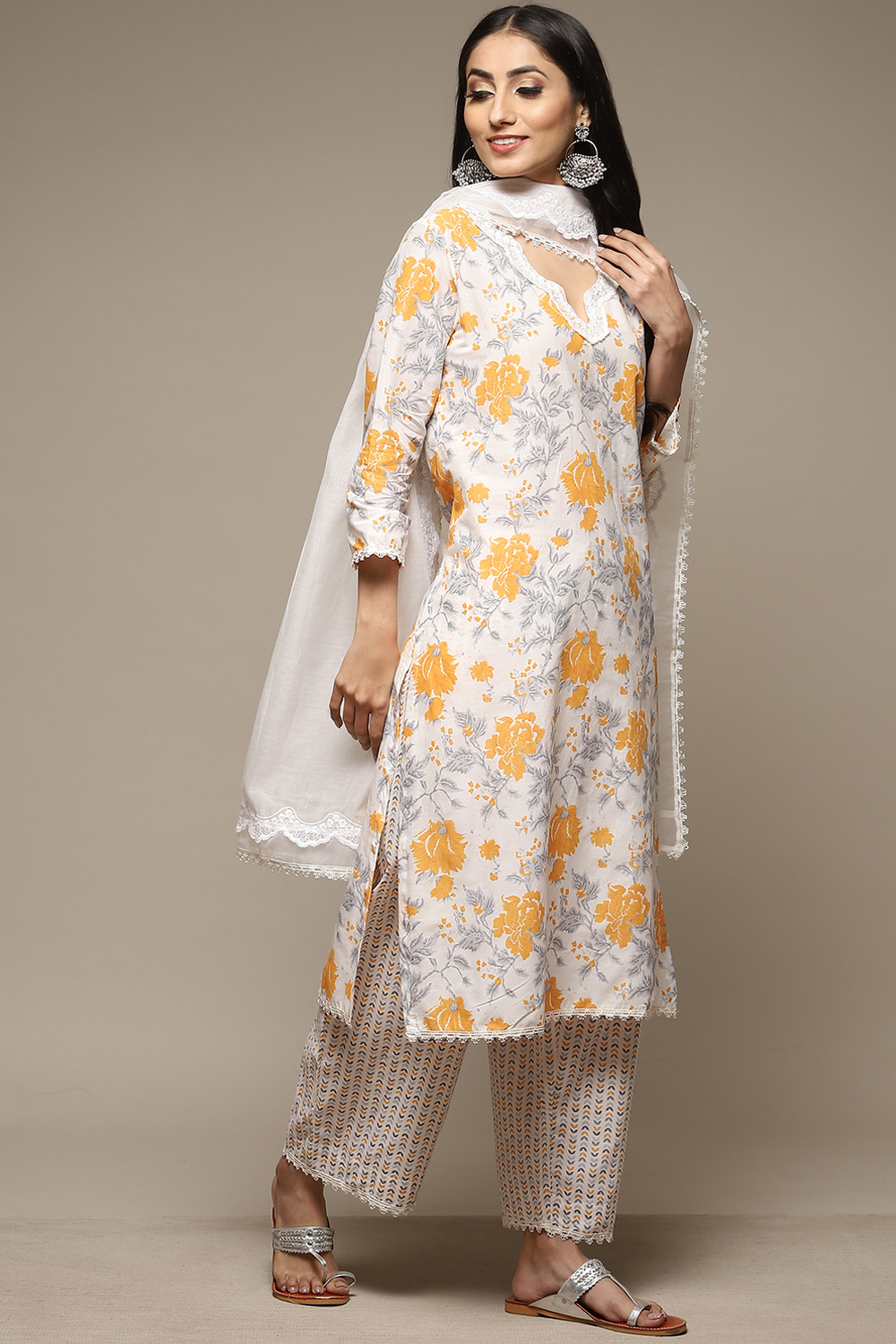 Ivory Cotton Straight Kurta Palazzo Suit Set image number 7