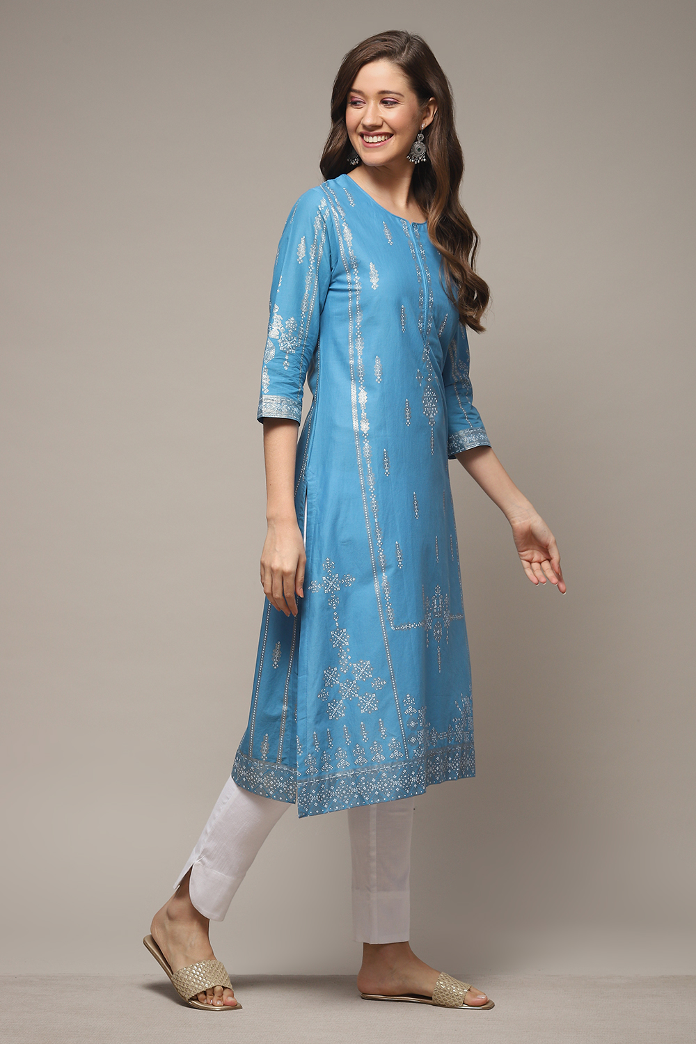 Ink Blue Cotton Straight Printed Kurta image number 4