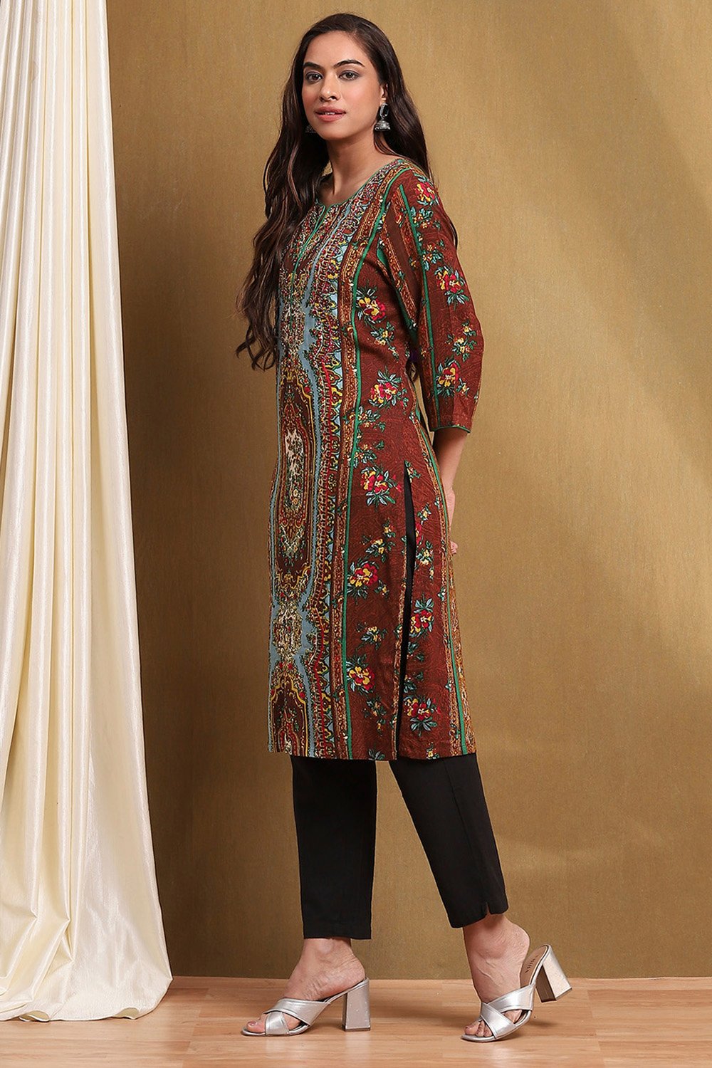 Brown Hand-Block Printed Straight Kurta image number 2