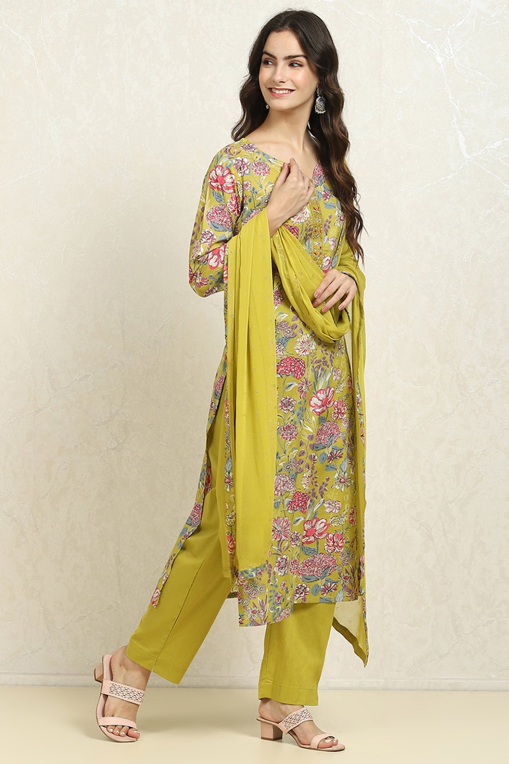 Green Cotton Printed Unstitched Suit Set image number 6