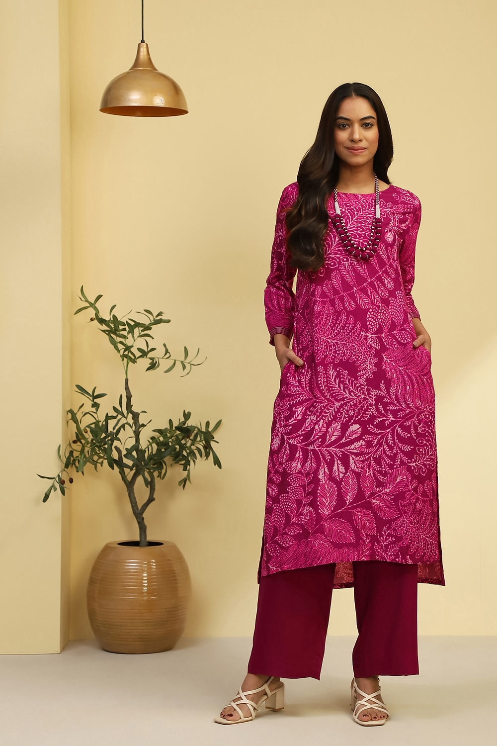 Maroon Printed Straight Kurta Set image number 0