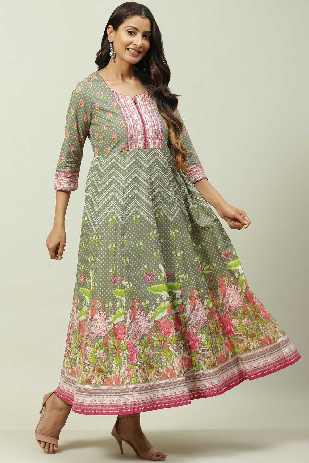 Buy Olive Green Cotton Flared Printed Dress () for INR1999.50 | Biba India