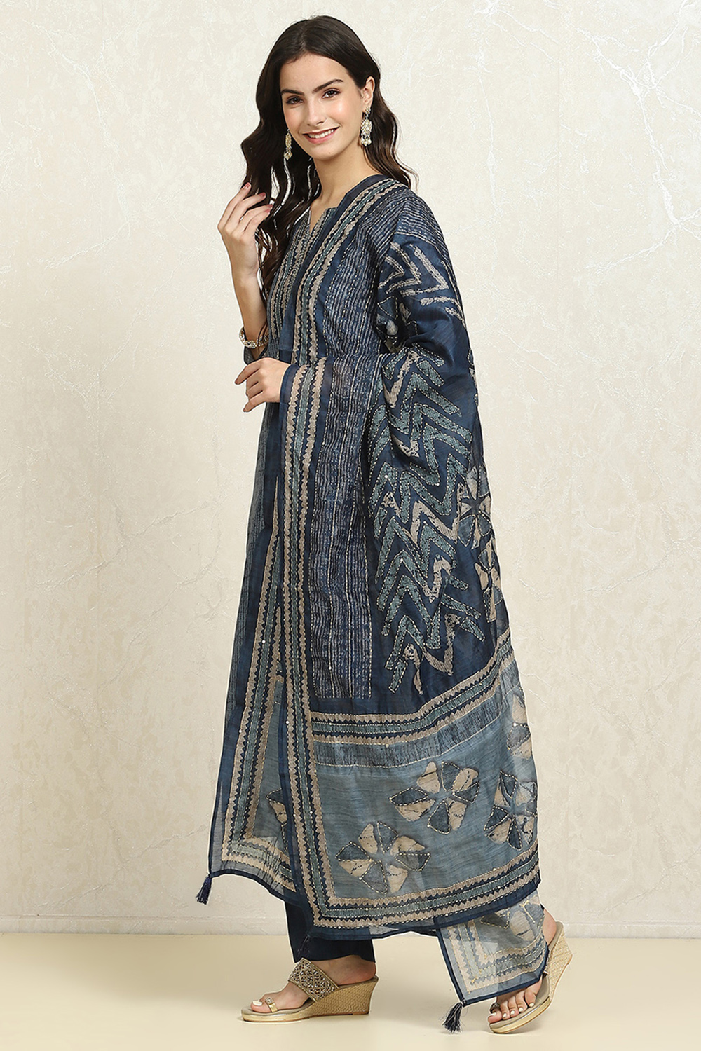 Grey Chanderi Blend Hand Embroidered Unstitched Suit Set image number 4