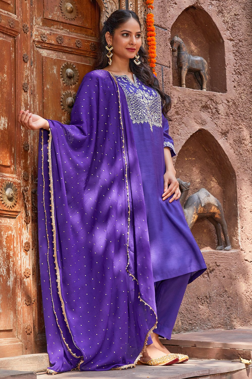 Pink & Purple Poly Cotton Straight Embroidery Kurta Slim Pants Suit Set image number 0