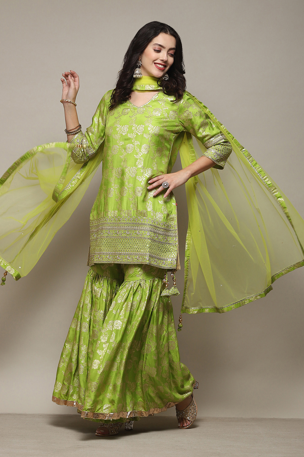 Lime Green Viscose Brocade Straight Kurta Palazzo Suit Set image number 0