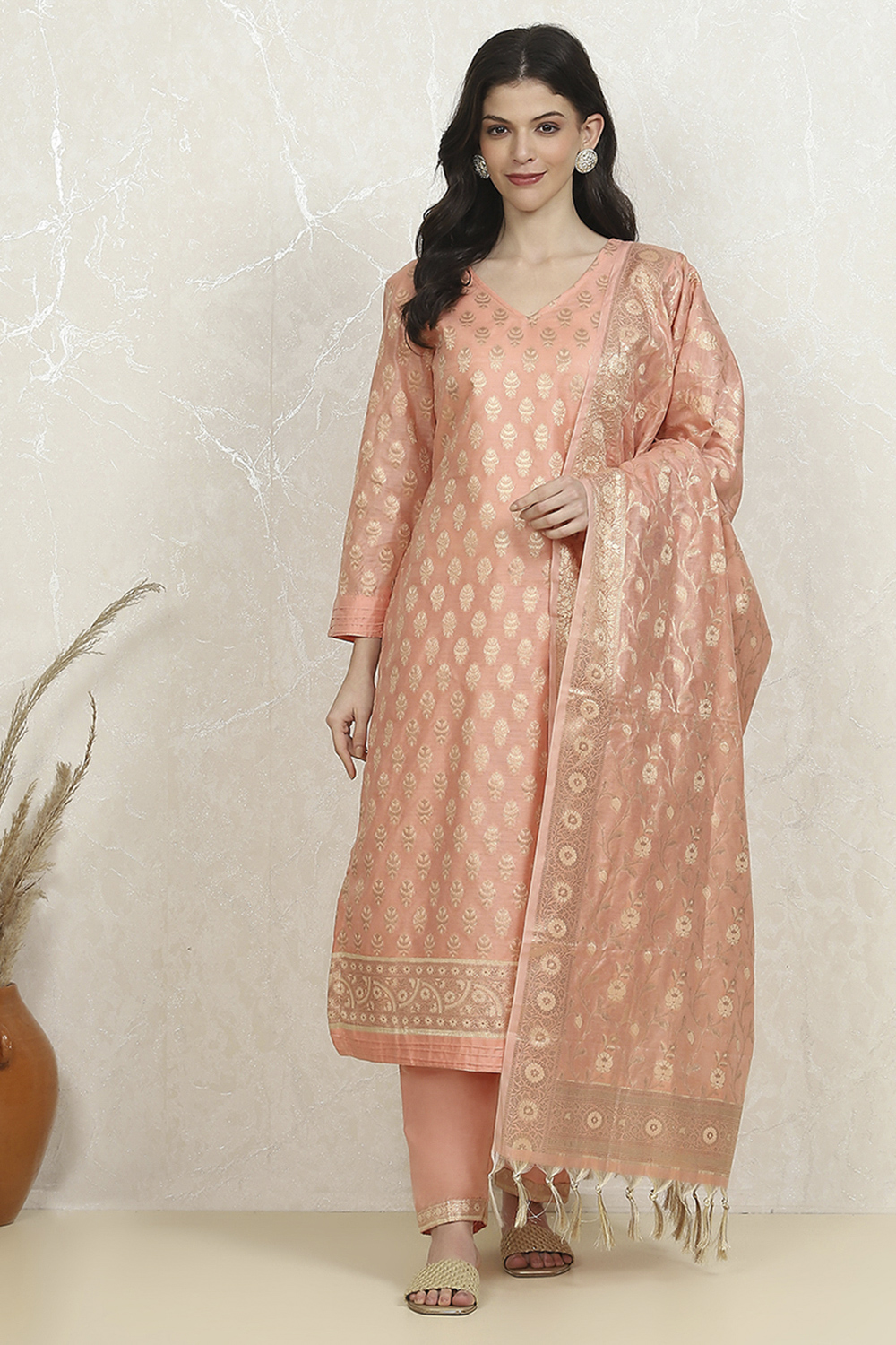 Peach Art Silk Woven Unstitched Suit Set image number 7