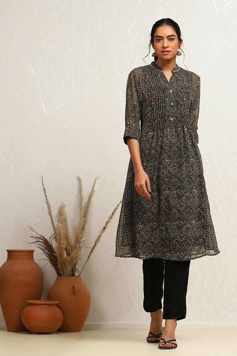 Mustard and Maroon Georgette Printed A-Line Kurta image number 0