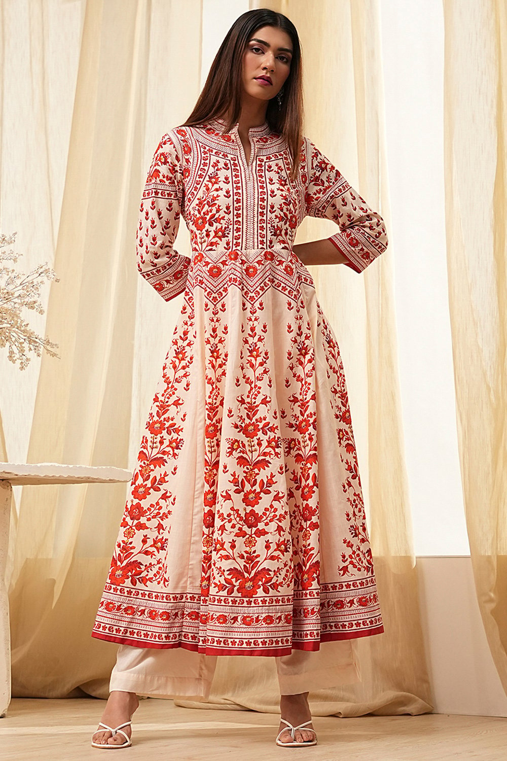 White and Rust Cotton Printed Anarkali Kurta Set image number 0