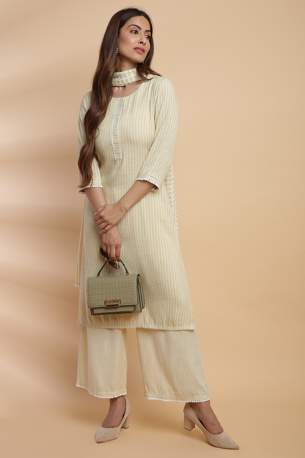 Pale Yellow Poly Staple Straight Suit Set image number 3