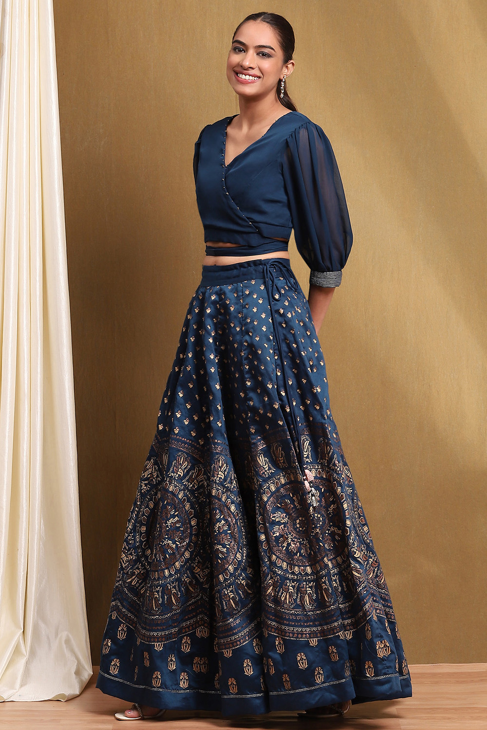 Blue Printed Fusion Lehenga Set image number 3