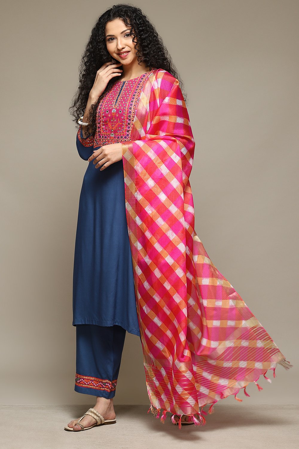 Blue Rayon Straight Kurta Palazzo Suit Set