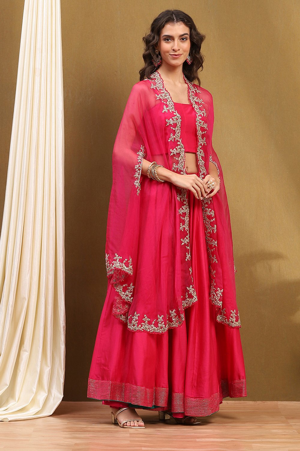 Fuchsia Silk Chanderi Festive Lightweight Flared Lehenga Set image number 5