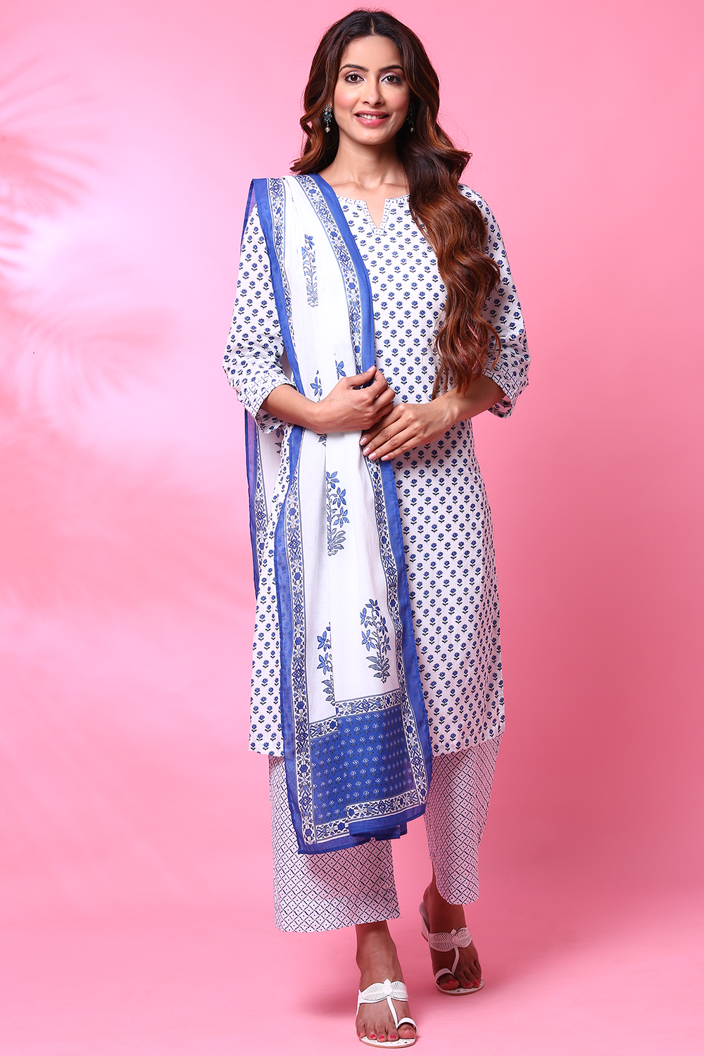 White Cotton Straight Kurta Palazzo Suit Set image number 4