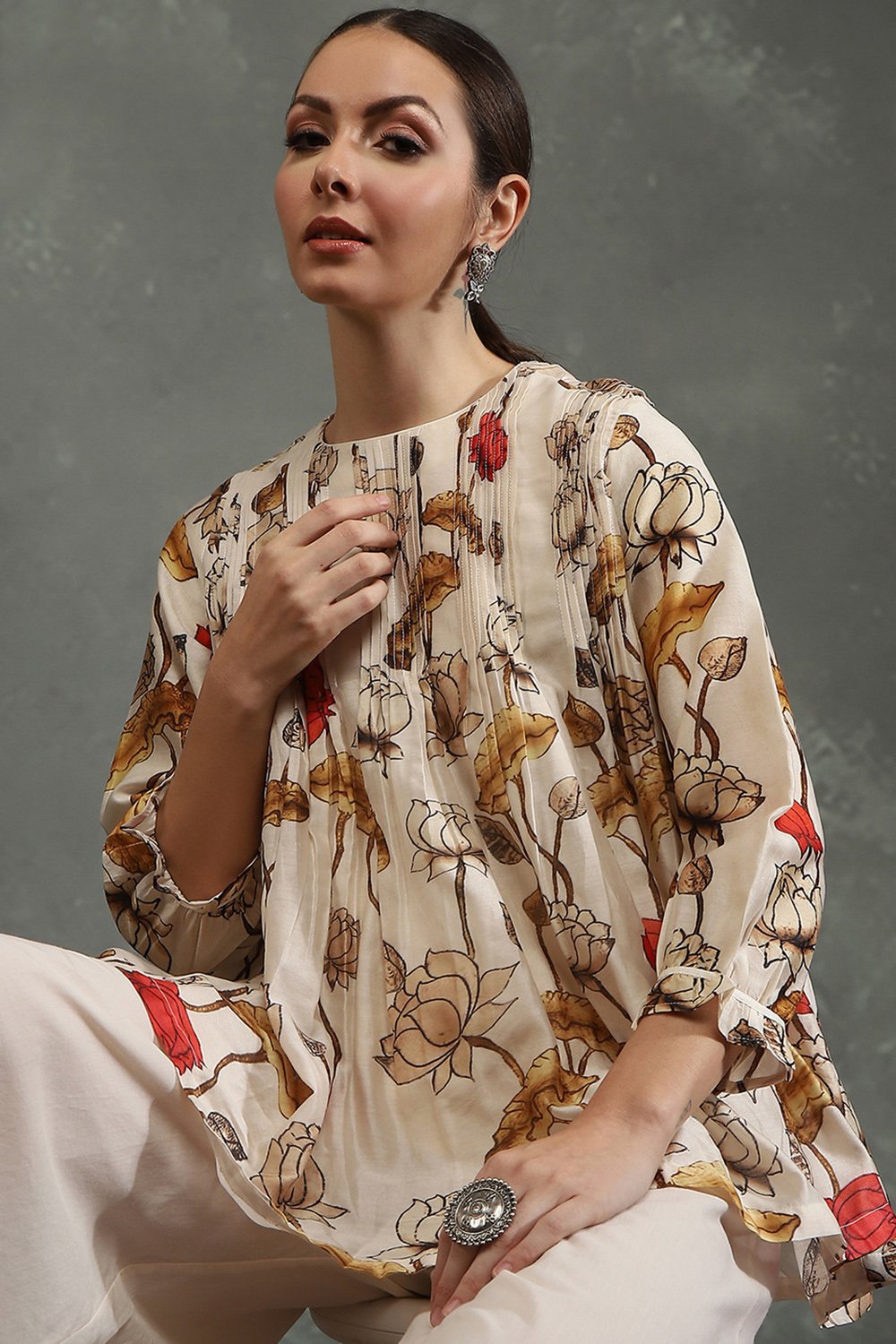 Rohit Bal Cream-Colored Silk Chanderi Floral Printed Gathered Co-ord Set image number 1