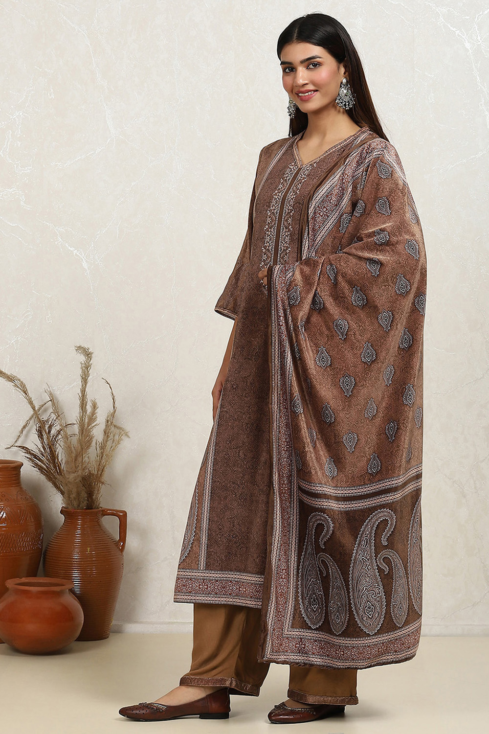 Brown Velvet Digital Print Unstitched Suit Set image number 4