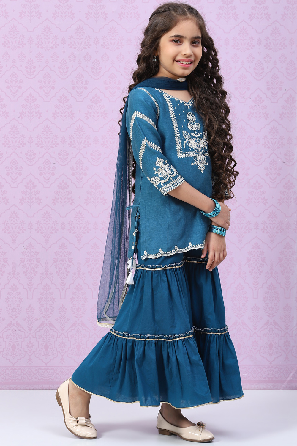 Blue Art Silk Straight Kurta Sharara Suit Set image number 6