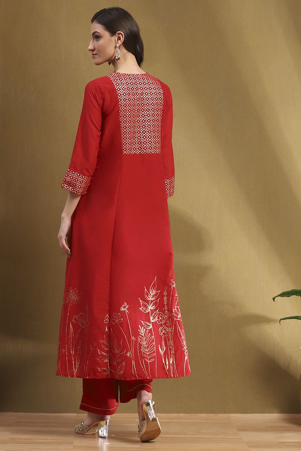 Red Cotton Printed Festive A-Line Suit Set image number 4