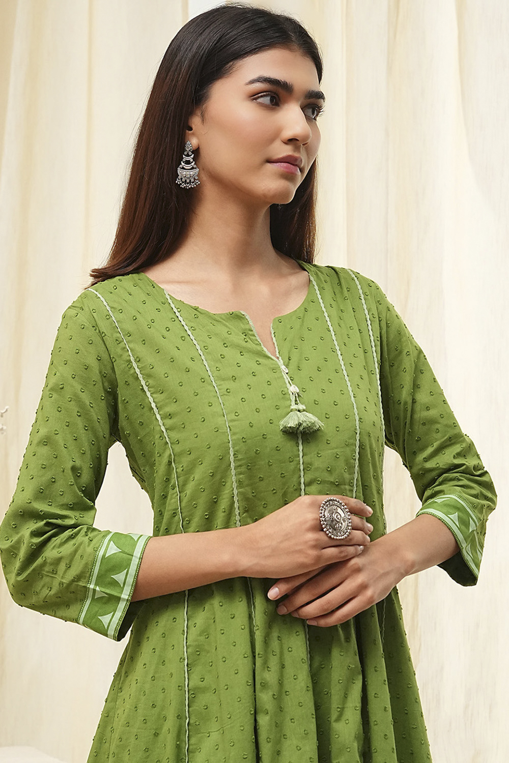 Olive Green Cotton Kalidar Suit Set image number 1