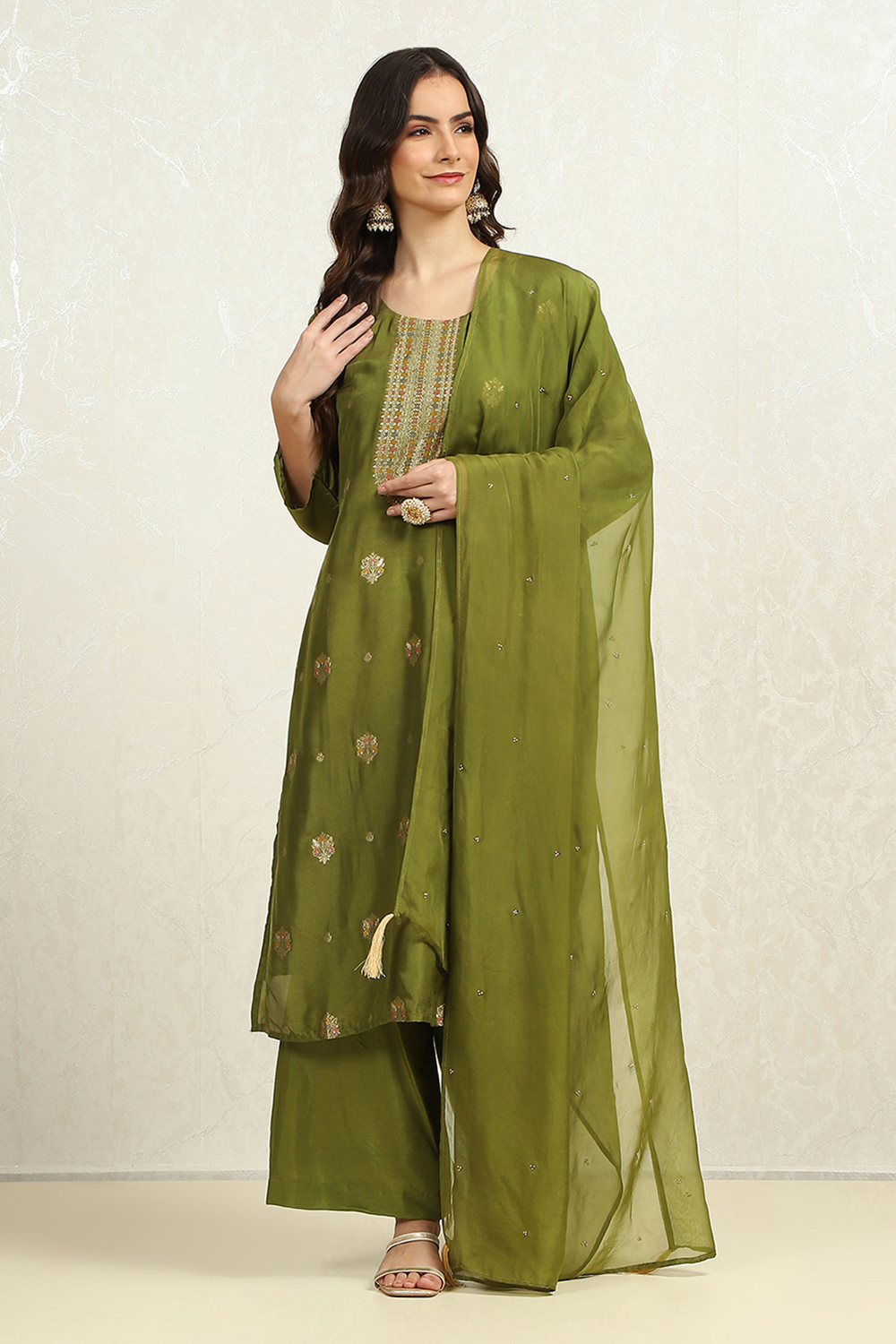 Earthy Green Viscose Silk Woven Unstitched Suit Set image number 7