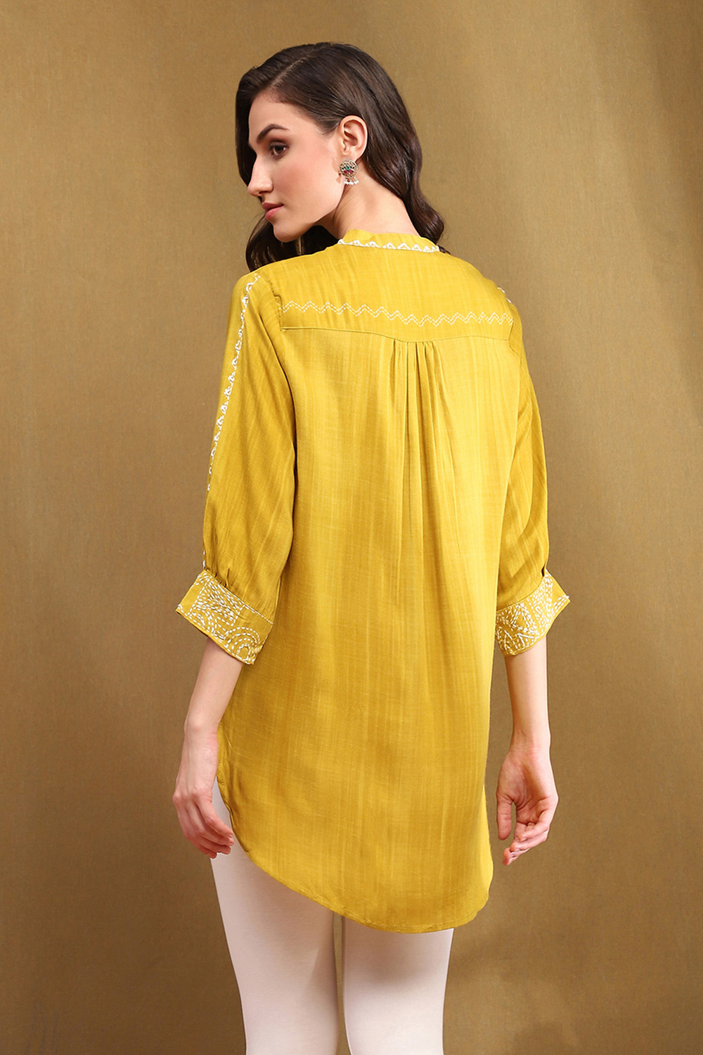 Mustard Yellow Liva Thread Work Straight Kurti image number 3