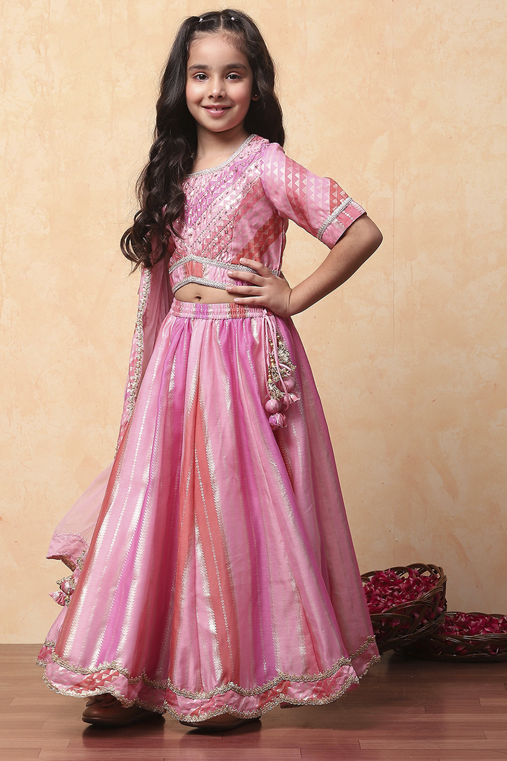 Pink Brocade Chanderi Lehenga With Blouse Organza Dupatta image number 3