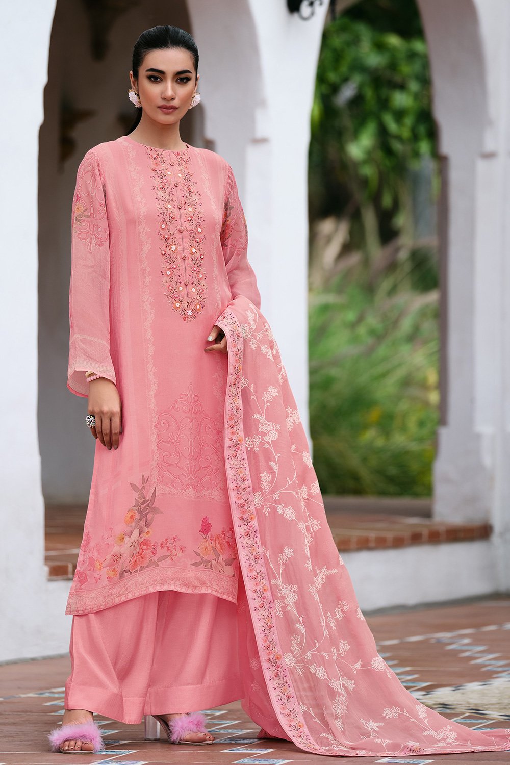 Pink Organza Embroidered Unstitched Suit Set image number 1