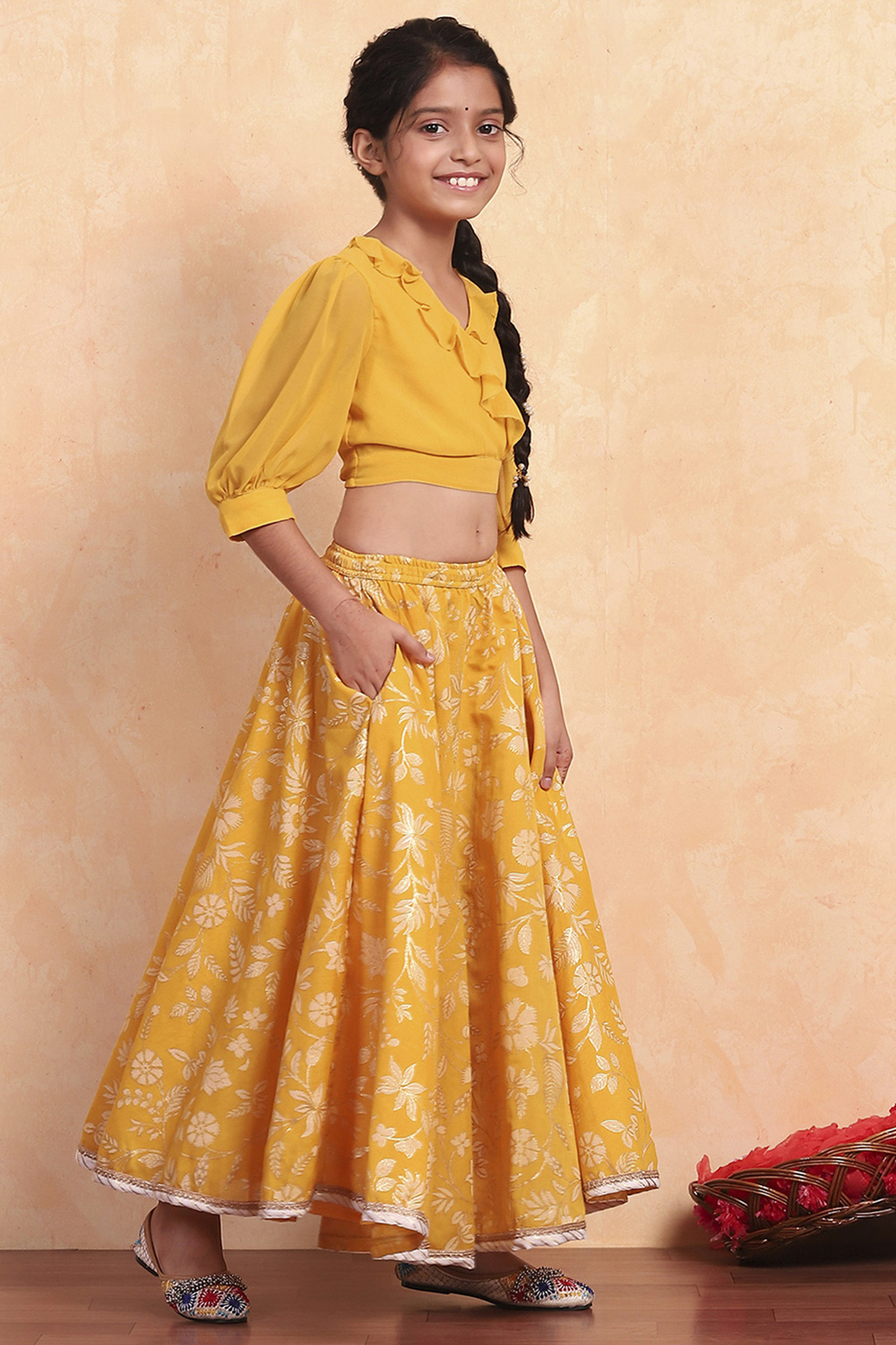 Yellow Polyester Blend Flared Lehenga Set image number 5