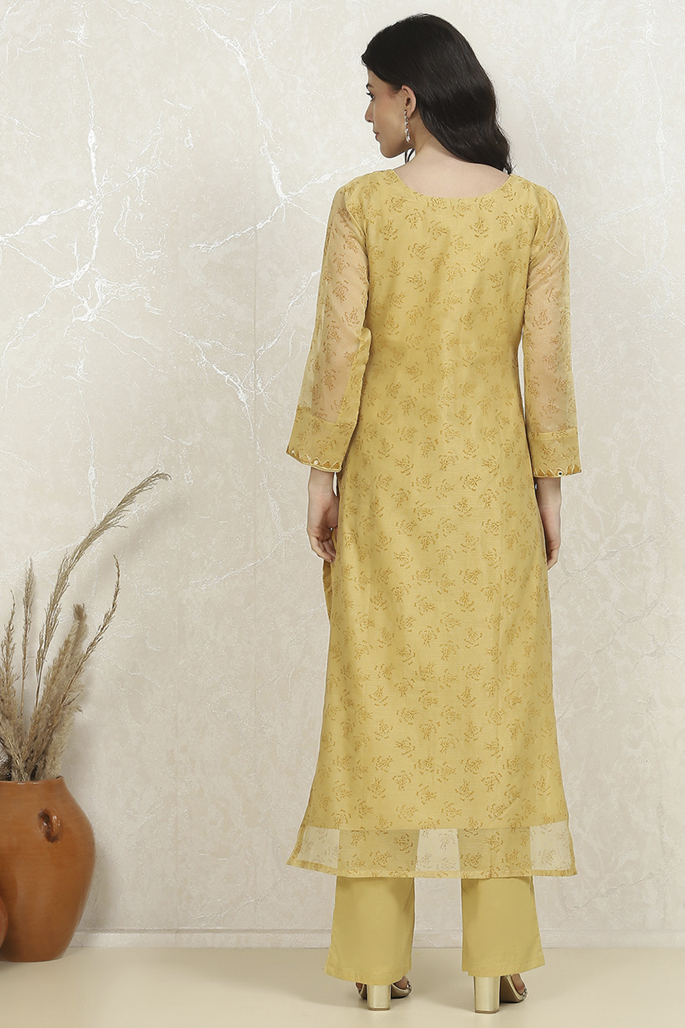 Mustard Net Hand Embroidered Unstitched Suit Set image number 5