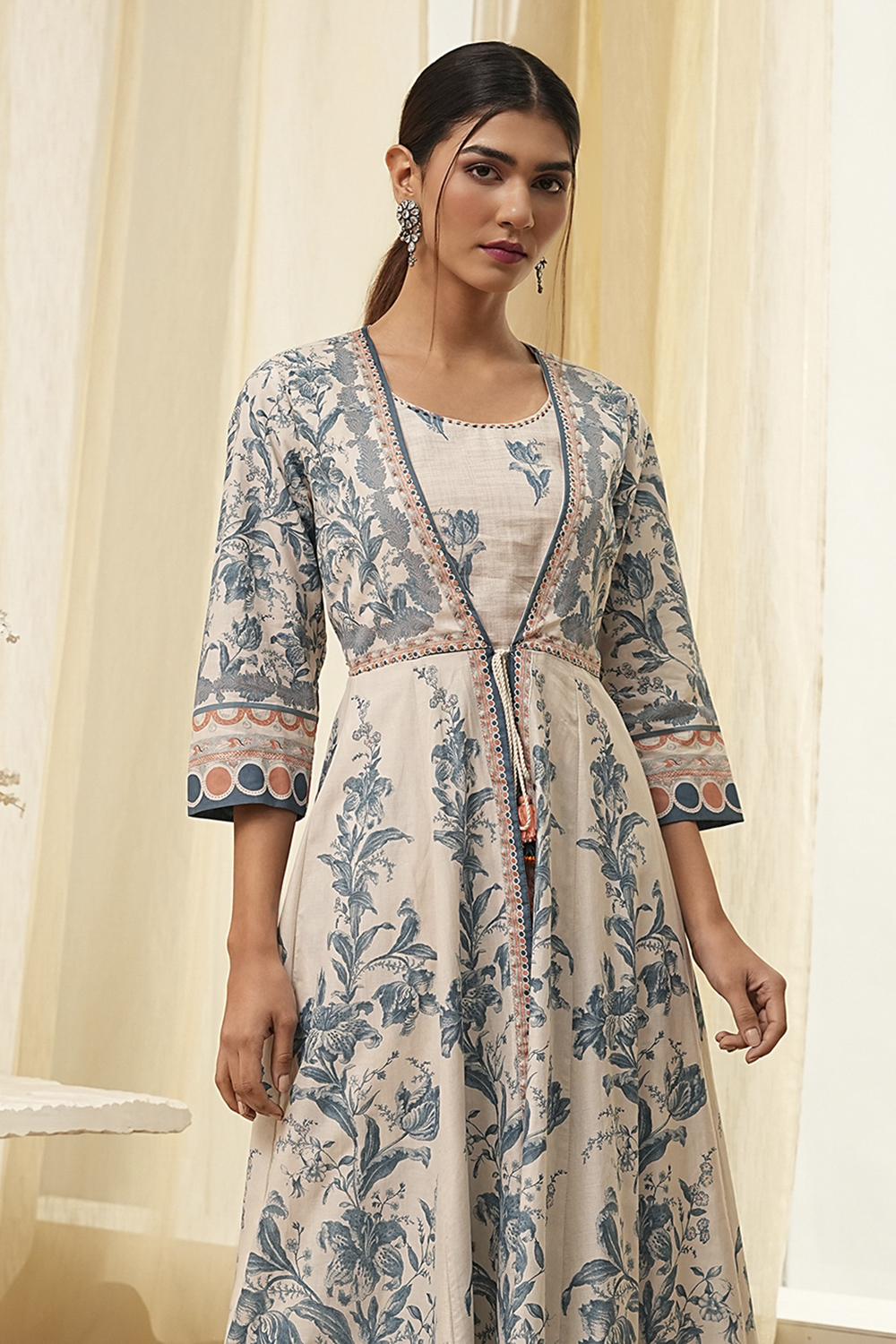 Beige and Blue Printed Front Open Kurta Set image number 1