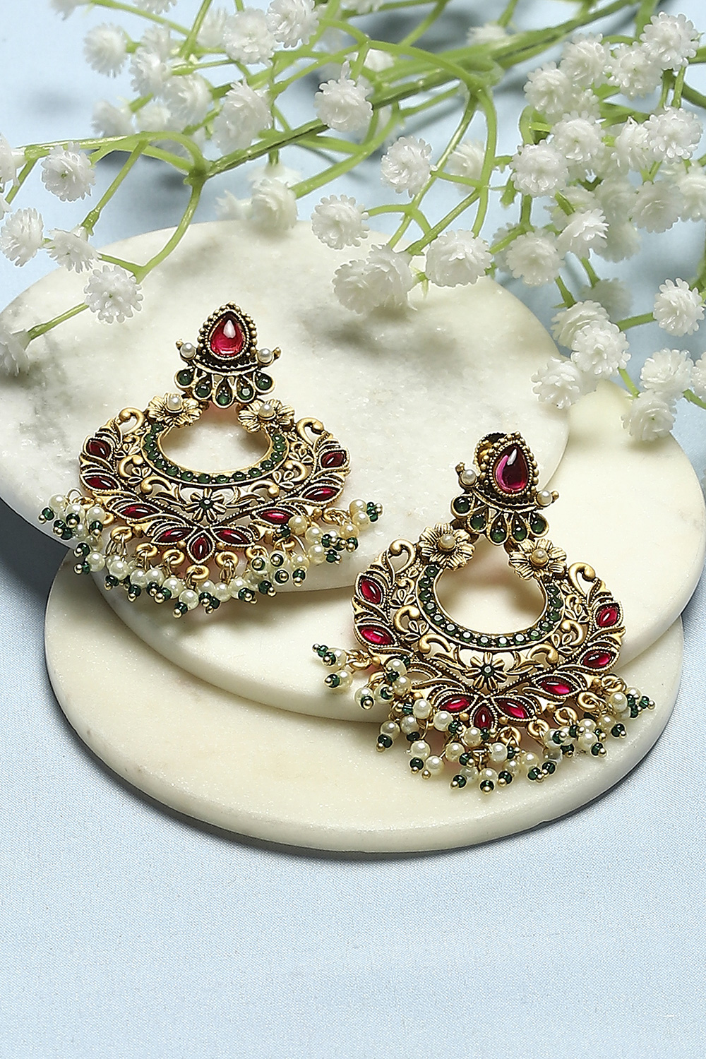 Red Gold-Plated Stone Studded Temple Danglers image number 0