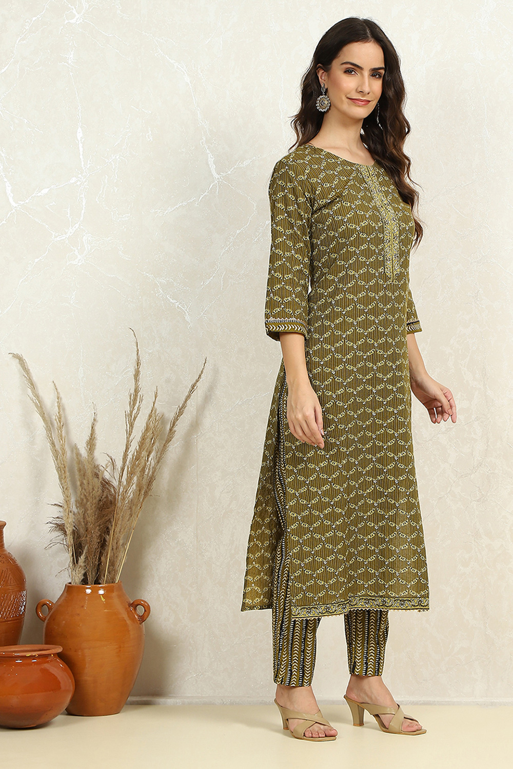 Green Cotton Printed Unstitched Suit Set image number 6