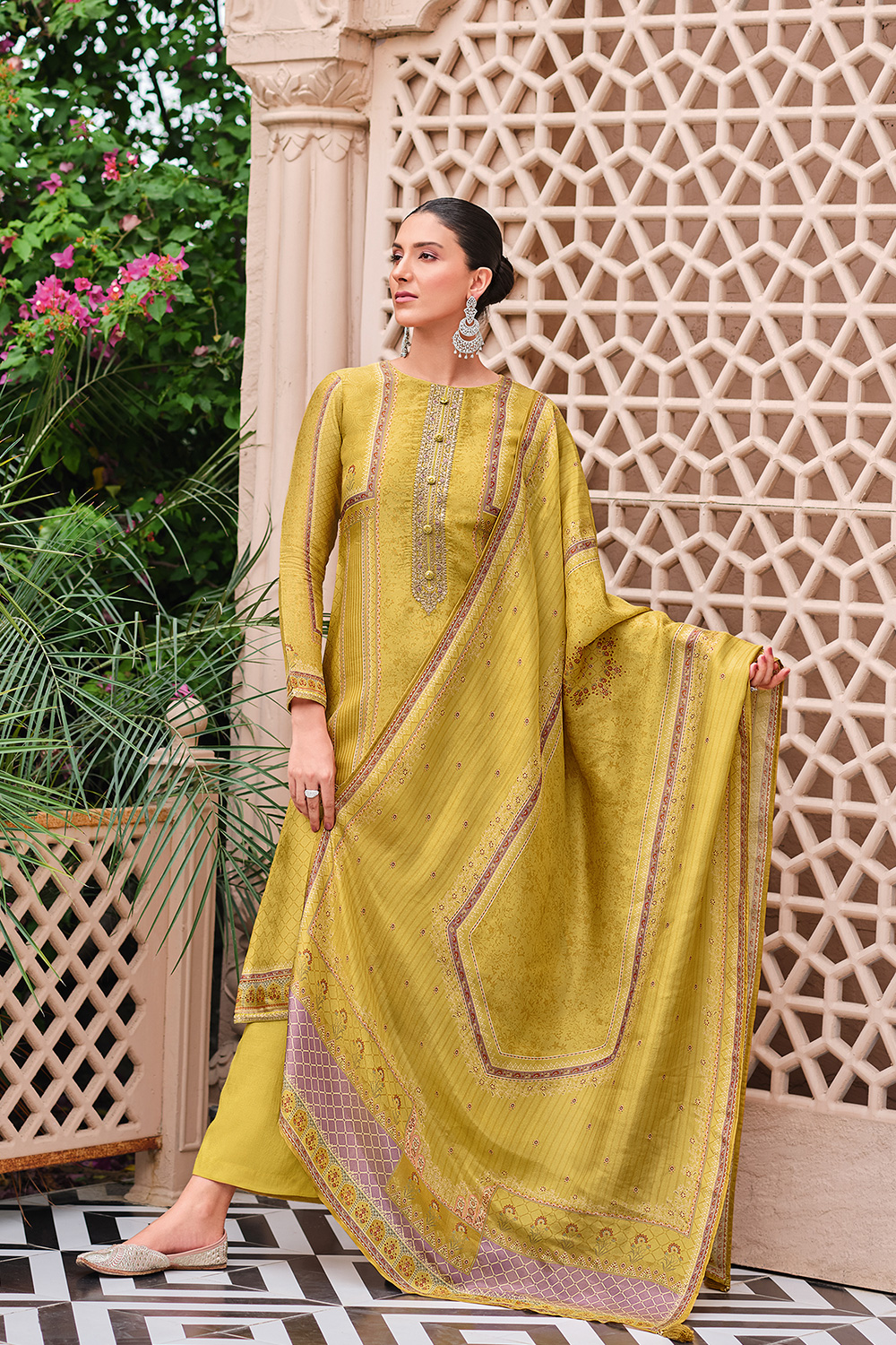 Mustard Yellow Viscose Silk Unstitched Suit Set image number 1