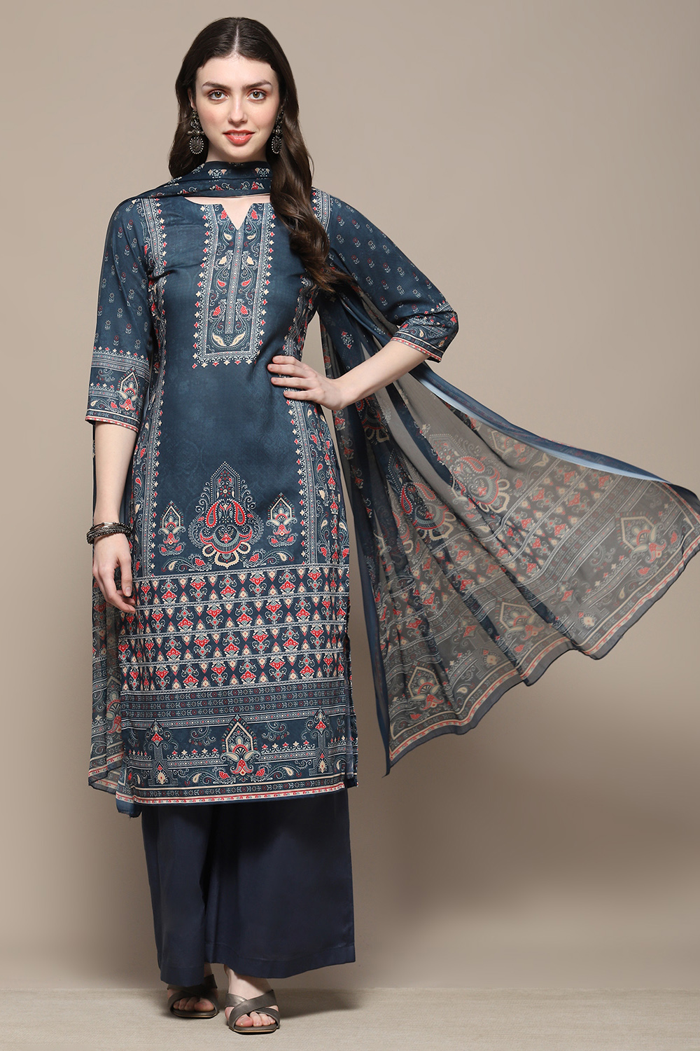 Blue Cotton Blend Digital Print Unstitched Suit Set image number 1