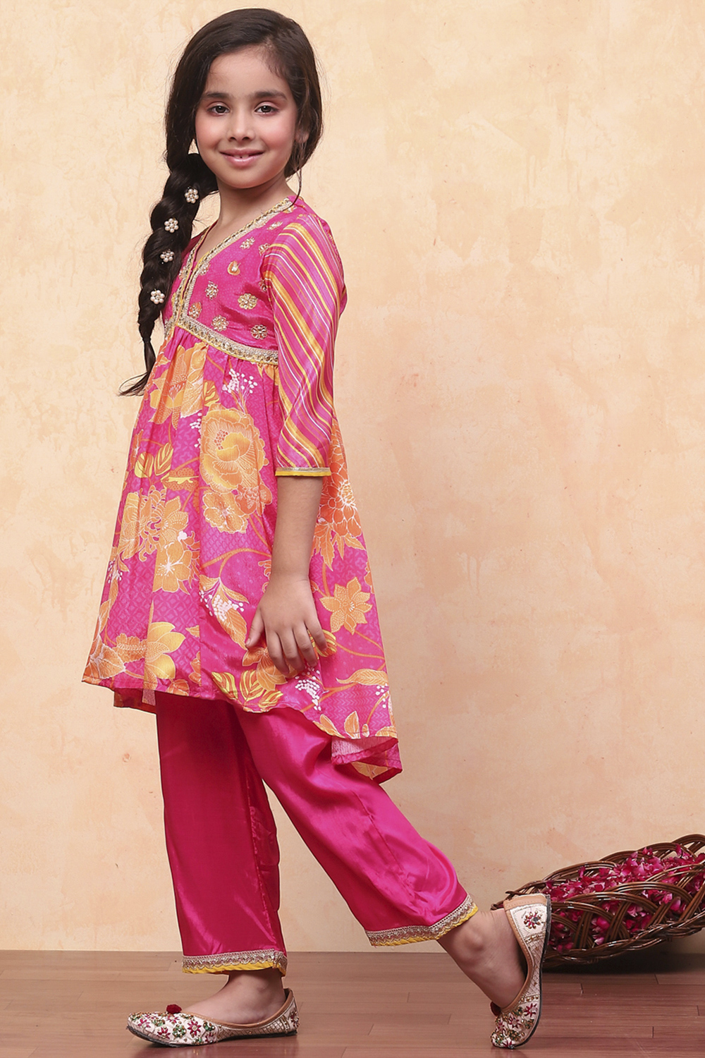 Pink Floral Printed Gathered A-Line Festive Suit Set image number 3